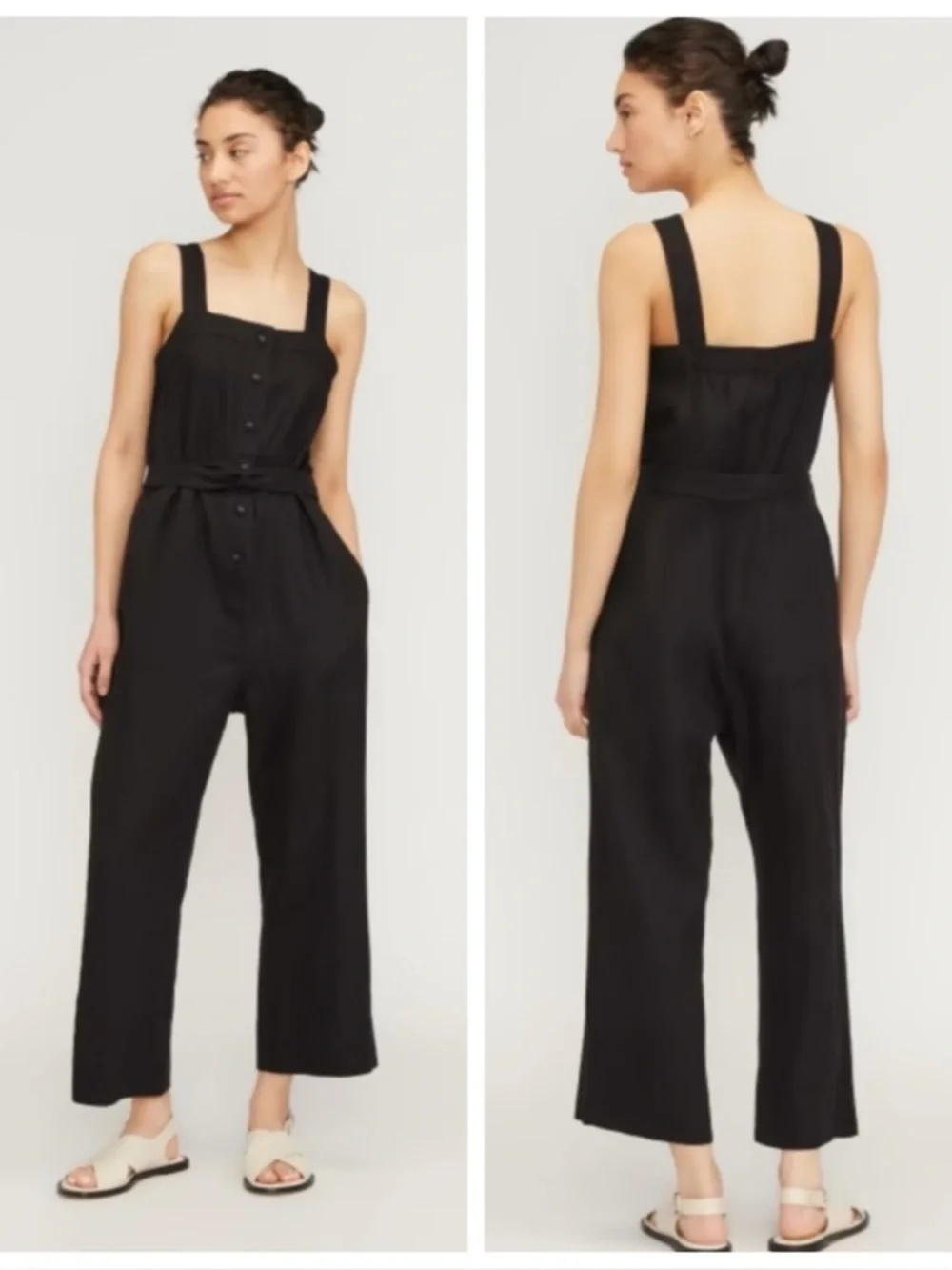 Everlane The Linen Picnic Sleeveless Jumpsuit In Washed Black